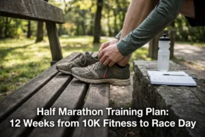 Professional header image for educational tutorial: Half Marathon Training Plan: 12 Weeks from 10K Fitness to...