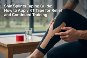 Professional header image for educational tutorial: Shin Splints Taping Guide: How to Apply KT Tape for Relie...