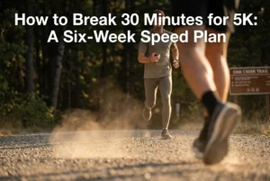 Professional header image for educational tutorial: How to Break 30 Minutes for 5K: A Six-Week Speed Plan